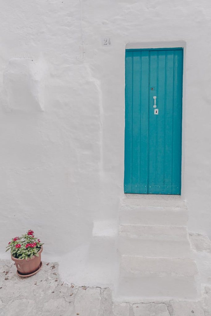 Porte bleue avec une plante fleurie sur les marches d'une maison d'Ostuni