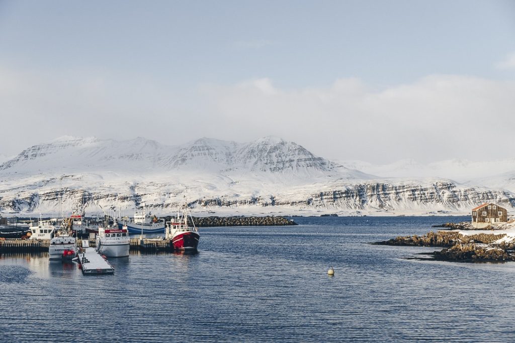 port de djupivogur dans les fjords enneigés