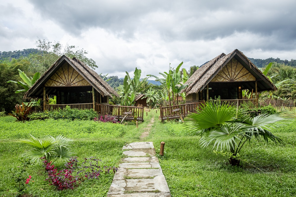 deux cabanes en bambou de l'hôtel Our Jungle Camp dans le parc national de Kho Sok