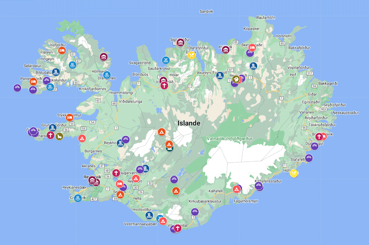 carte des sites visités en iIslande en automne