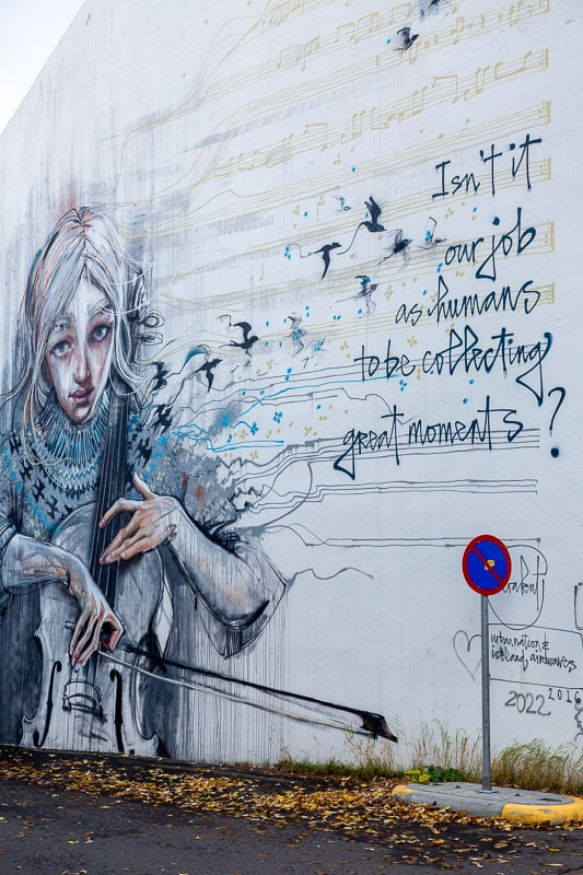 oeuvre de street art représentant une fille jouant du violont avec des notes s'envolant sur une partition