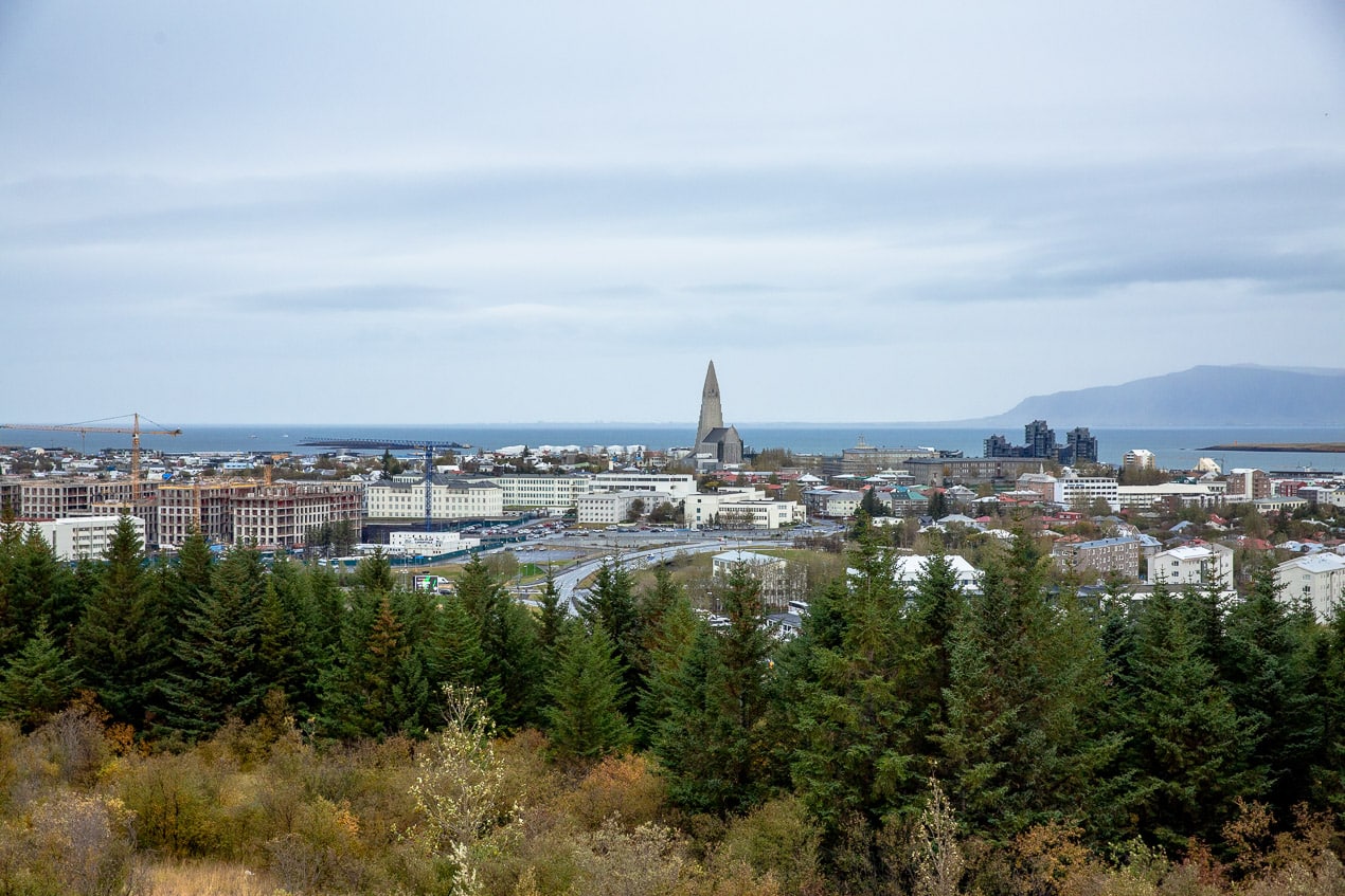 vue sur les toits de Reykjavik et le clocher de l'église Hallgrímskirkja depuis la terrasse panoramique du Perlan