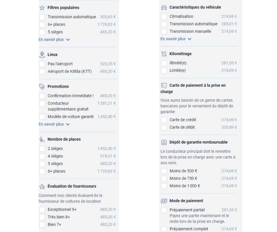 détail des filtres applicables pour les recherches de location de voiture sur Discovercars