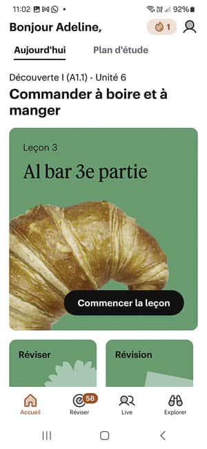 Ecran d'accueil des cours d'italien sur l'application Babbel