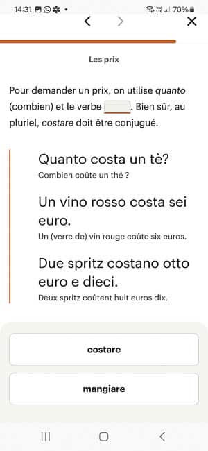 Explication sur les cours d'italien de l'application Babbel