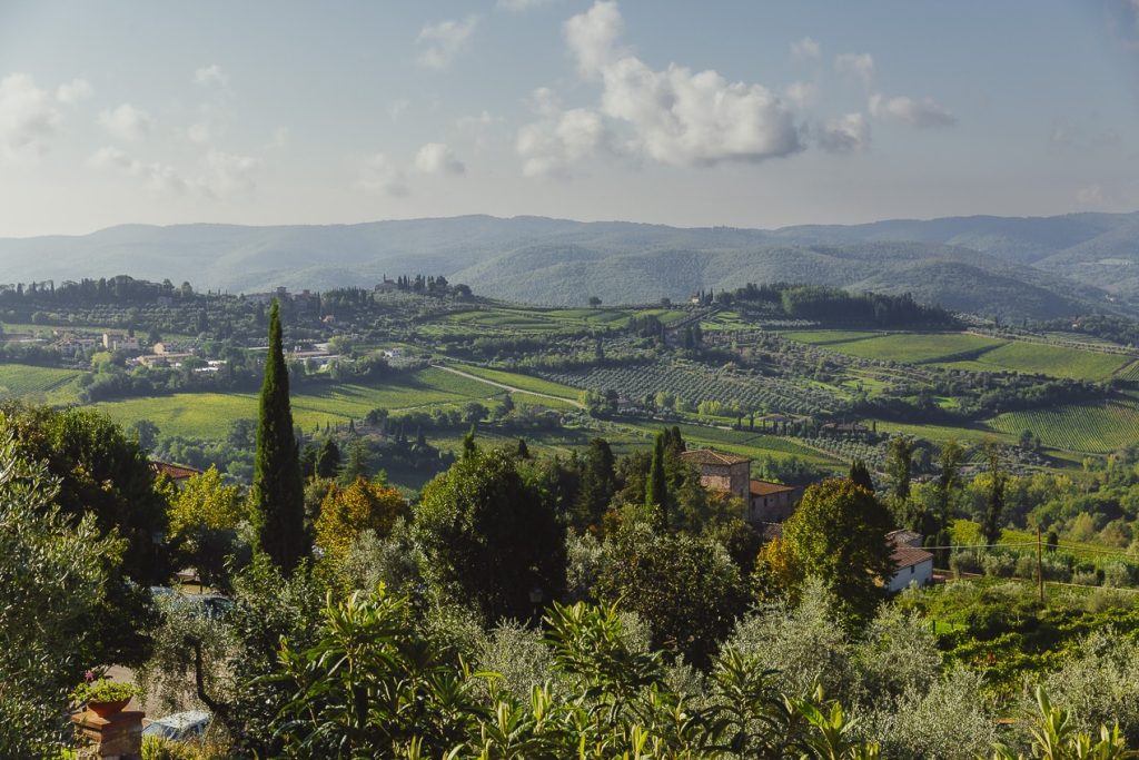 Vue panoramique du paysage vallonné du Chianti, en Toscane, avec des vignes verdoyantes, des cyprès typiques, et une lumière dorée de pleine journée illuminant les collines verdoyantes de Toscane