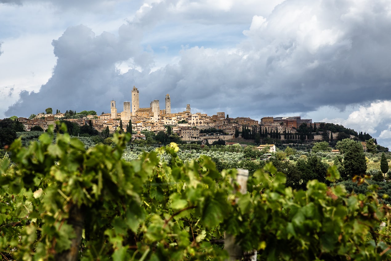 Cité perchée de toscane au milieu des vignes et des champs d'olivier