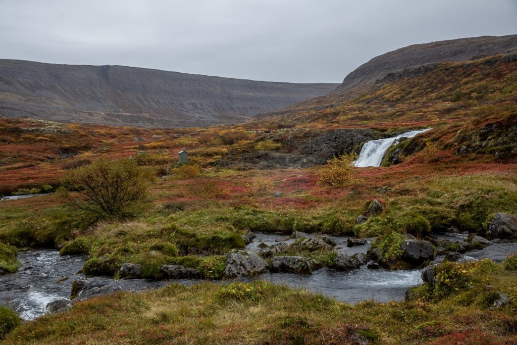 cascade dans un parterre aux couleurs d'automne dans les fjords de l'ouest